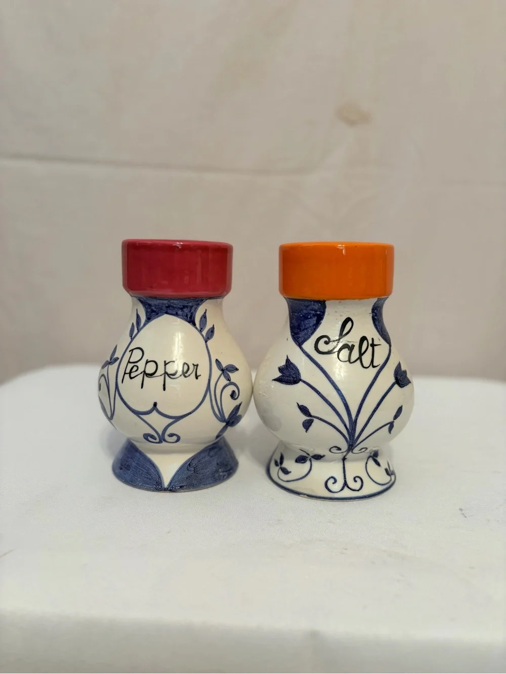 Hand-Painted Ceramic Salt and Pepper Shakers - Red & Orange Tops